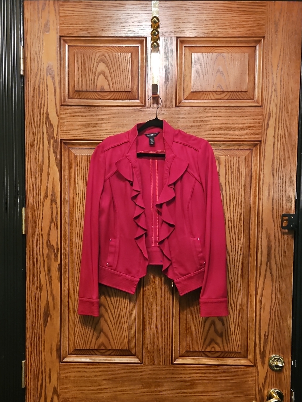 Sz 14 Raspberry Red Ruffled Open-Front Jacket